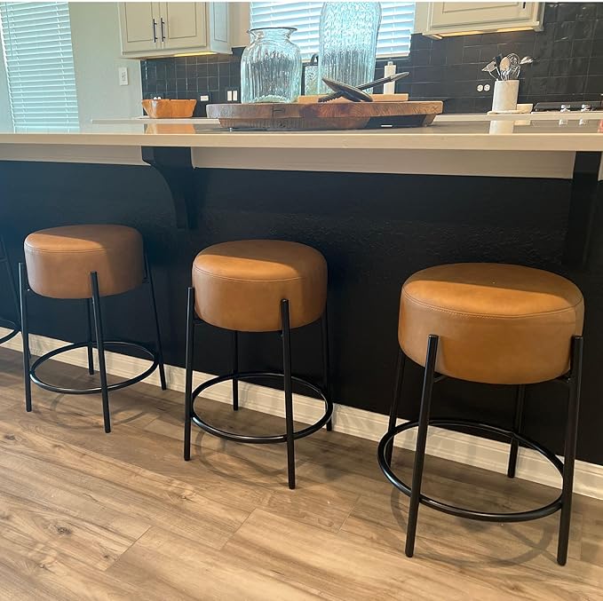 Nathan James Isaac 24" Modern Backless Bar Stool with Round Soft Padded Upholstered Seat and Metal Mid-Century Base, PU Light Brown/Black, Set of 2