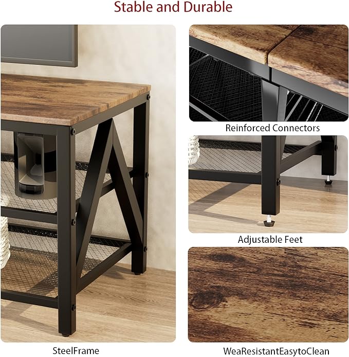 TV Stand for TVs up to 65 Inch, 55" Long Industrial TV Console Table with 3-Tier Storage Shelves, Entertainment Center for Living Room, Bedroom (Brown)