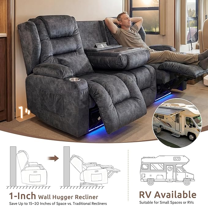 SAMERY Power Loveseat Recliner Sofa, Wall Hugger Reclining Loveseat Sofa, Movie Home Theater Seating with Flip-Backrest, Solid Wood Top, Ambient LED Lights, USB-C, Outlets, Velvet, Gray, 3 Seater | Extra Wide Seat, Plush Padding, Dual Power Recline, Fl...