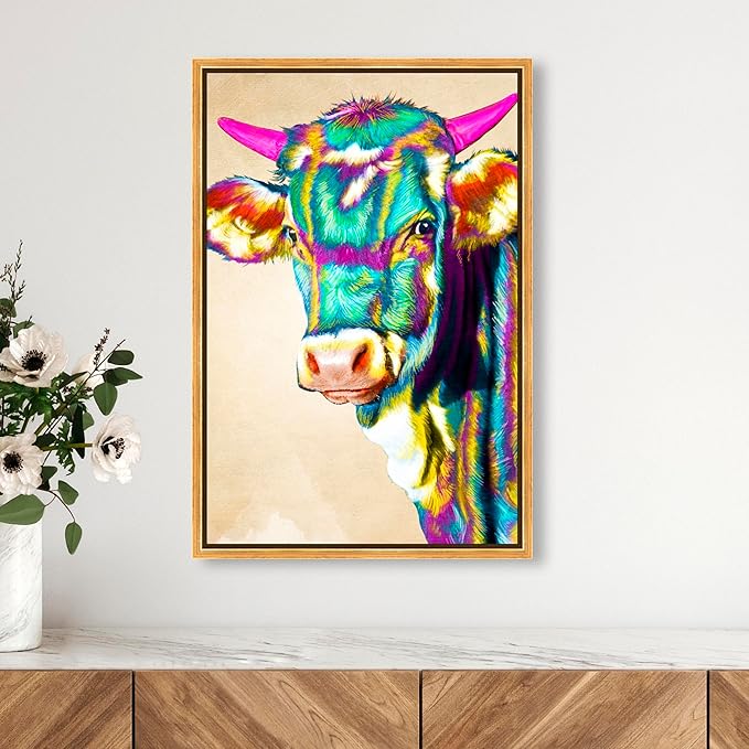Country Farmhouse Canvas Print Painting Animal Wall Art 'Fun Colorful Glam Farm Cow' Gold Framed Canvas Rustic Home Décor 16x24 in Green, Pink by Oliver Gal