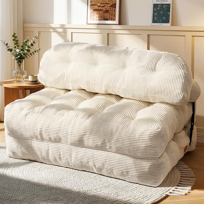 Folding Sofa Bed, Convertible Sleeper Chair with Back Support and Pillow Futon, Boneless Matress, for Living Room/Guest Use/Home Office, Foldable Chair Bed for Adults, Beige, Full