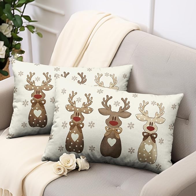 Christmas Reindeer Snowflakes Lumbar Throw Pillow Covers 12x20 Set of 2 Xmas Polka Dot Love Heart Bow Cute Brown Elk Deer Rectangle Pillow Cases Winter Holiday Decor for Home Couch
