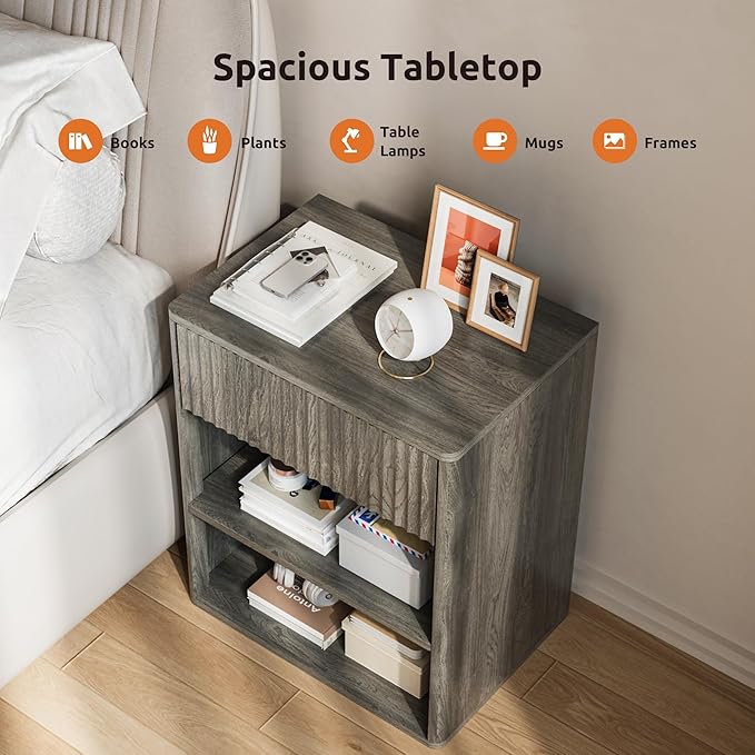 Nightstand Bedside Table Storage Drawer - Large Mid Century Modern Night Stand with Fluted Wood Storage Drawer and Open Shelf Bed Side Table for Living Room Study Room, Modern Gray, Set of 1