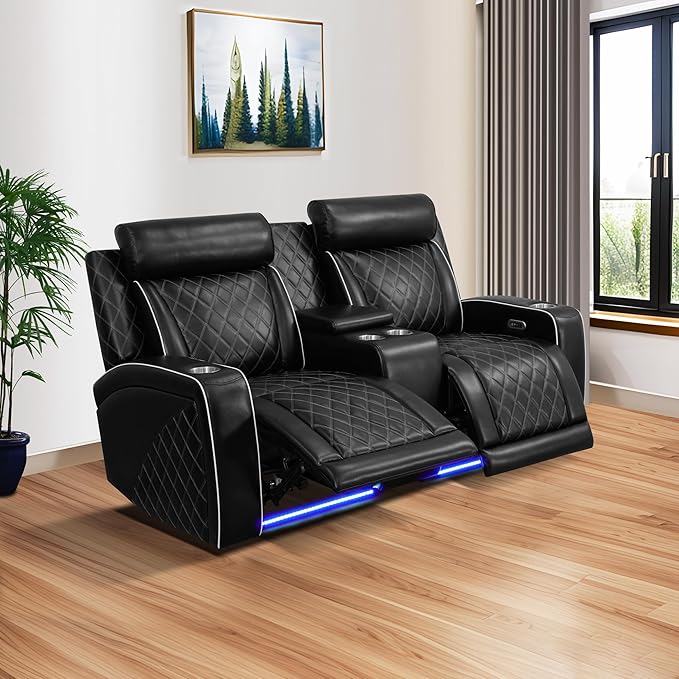 Power Recliner Sofa Set for Living Room, Breathing Leather Reclining Sofa with LED Lighting, Cup Holders, Storage Console&USB Port for Home Theater Seating (Black#2)