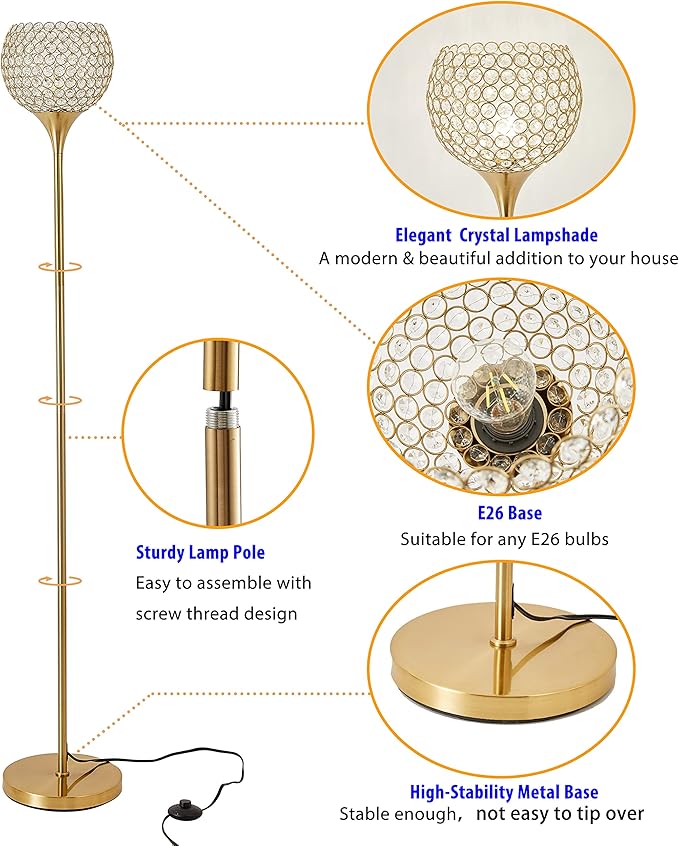 Spherical Crystal Floor Lamp, Gold 8.7 in Shade Elegant Standing Light with Crystal lamp Shade, Modern 61 in Tall Pole Lighting for Living Room, Bedroom, Office, E26 Base, LED Bulb Included