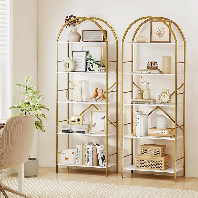 5 Tier Bookshelf Gold, 66.14 Inches Tall Arched Bookcase, Wide Storage Bookshelves with 4 Hooks, Stand Display Shelf for Living Room, Home Office, White and Gold