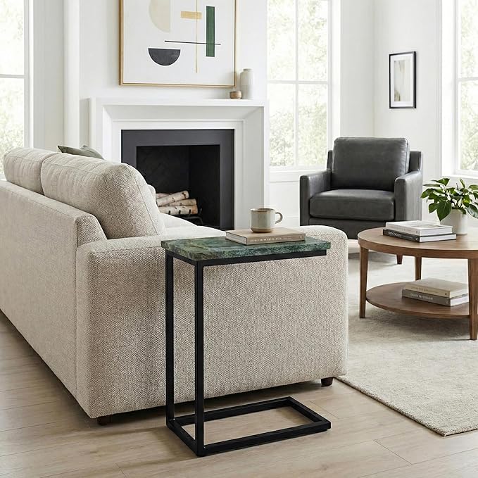 SIMPLIHOME Skyler Metal Table - 18 inch Wide Solid Iron C-Side Table with Genuine Green Marble Top in Black, Industrial Accent End Table for Living Room, Bedroom or Home Office with Slide-Under Design