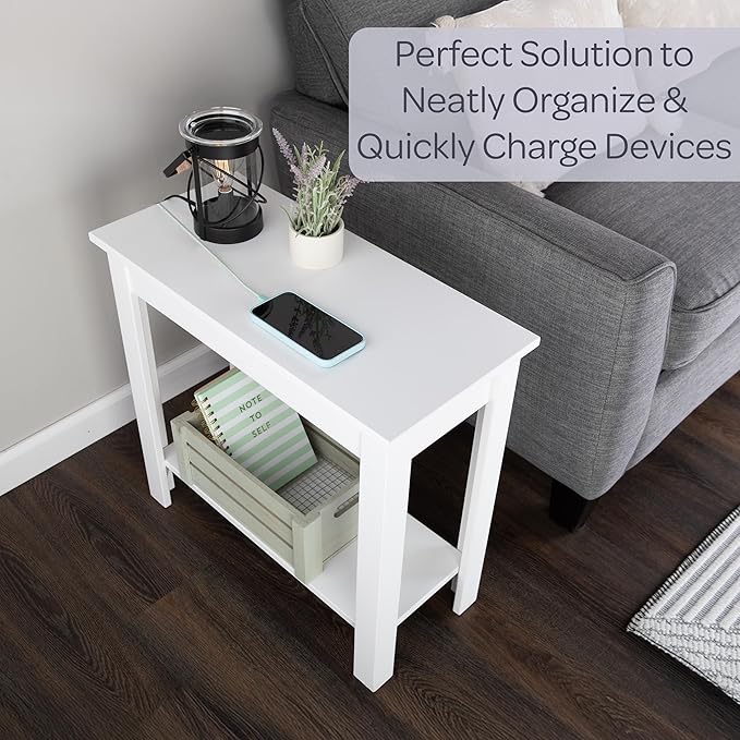 Narrow Side Table with Charging Station - Small End Table with 2 USB Ports, 2 Power Outlets, and Storage Shelf - Slim Nightstand for Living Room, Bedroom, or Small Spaces by Lavish Home (White)