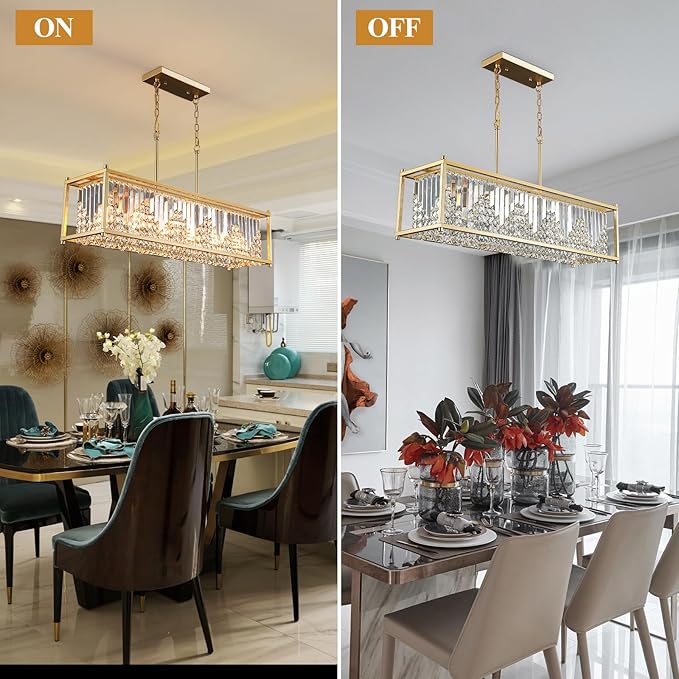 Q&S Modern Rectangular Crystal Chandelier,Gold Rectangle Chandeliers for Dining Room Luxury 6 Lights for Kitchen Island Bar Living Room Pool Table Hotel Office Restaurant L37.5 UL Listed
