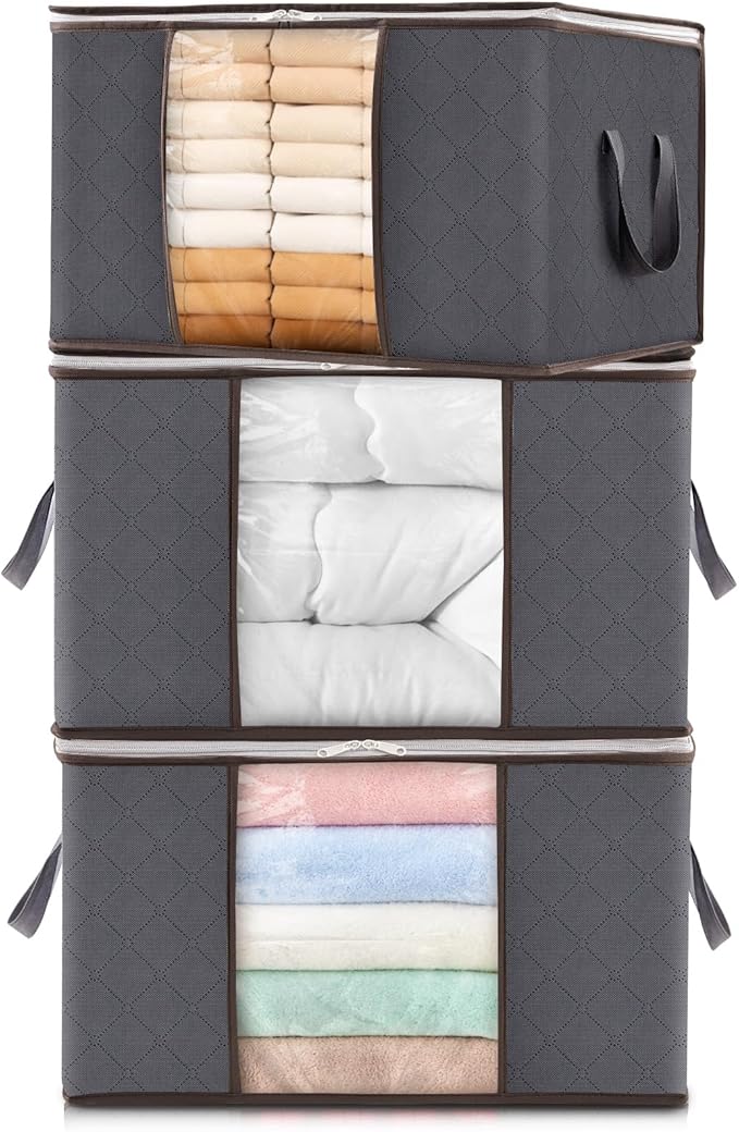 Lifewit 3 Pack 60L Clothes Storage Bins with Lids, Foldable Blanket Storage Bags with Zippers, Clear Window and Reinforced Handles, Closet and Organization for Clothing, Sweater, Comforter, Bedding