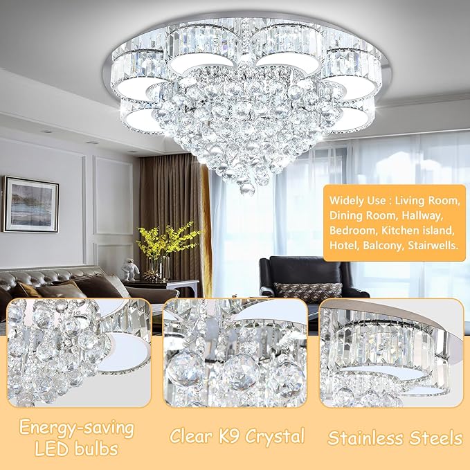 31.4'' Silver Modern Crystal Chandeliers for Dining Room LED Dimmable Light Fixtures Flush Mount Light Living Room Bedrooms
