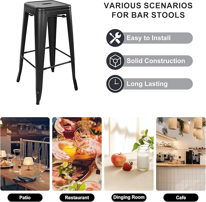 Elevon 30 Inches Metal Bar Stools, High Backless Stools, Indoor Outdoor Stackable Kitchen Stools, Set of 4, Graphite