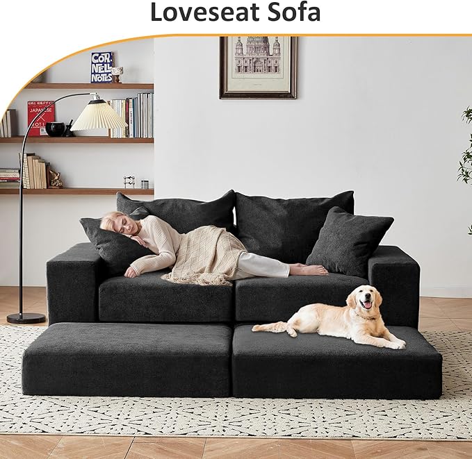 Modular Sectional Loveaeat Cloud Sofa, Boneless Couch with Non Slip Base, Cozy Sleeper Sofa for Customizable Living Spaces, Modern Modular Couch with L-Shape Chaise, Deep Seat & No Assembly, Black