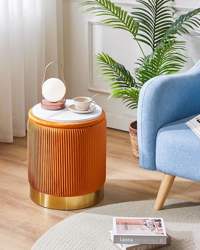 IBUYKE Round Storage Ottoman Set of 2 Ottoman for Dorm Vanity Stool with Storage Velvet FootStools End Table Boucle Ottoman for Home Organization Orange UWBD016J