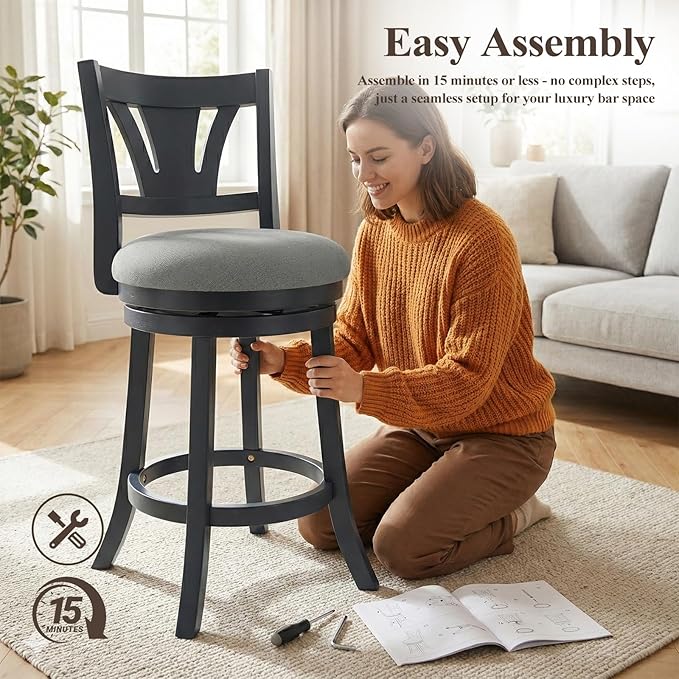 Swivel Bar Stools Set of 5,26 Inch Counter Height Barstool with Silent Rotation, High-Density Foam Cushion, Solid Wood Frame, Footrest & Anti-Slip Pads for Kitchen Islands and Home Bars (Grey)