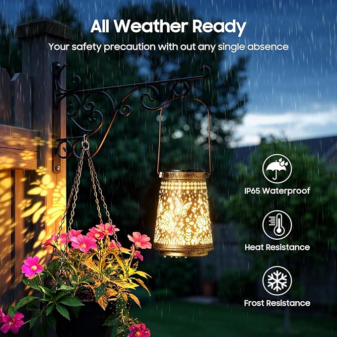 2 Pack Solar Lanterns Outdoor Waterproof Birthday Gifts for Women Mom Grandma, Hollowed-Out Metal Butterfly Hanging Solar Lantern Lights Outdoor Decor, 2 Modes Lights Decor for Yard, Patio