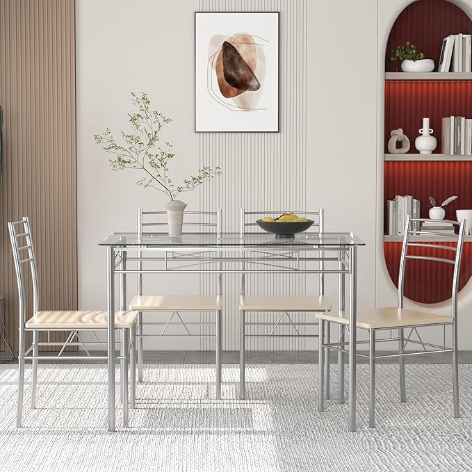 VECELO 5 Piece Dining Table and Chairs Set for 4, Glass Tabletop, Small Space, Silver