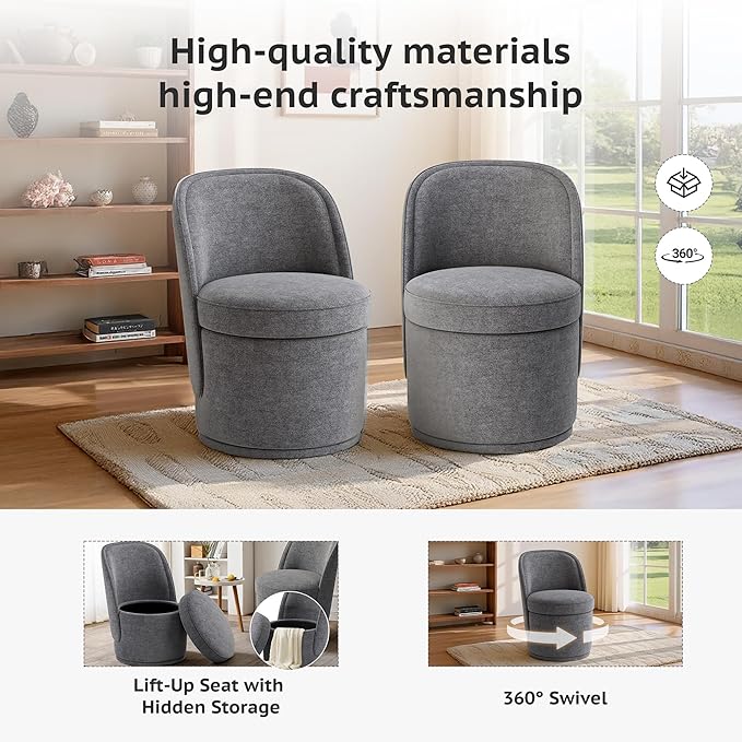 Swivel Accent Chair Set of 2, 360° Swivel Round Chair with Hidden Storage, Modern Small Barrel Armchair for Living Room/Bedroom, Darkgrey