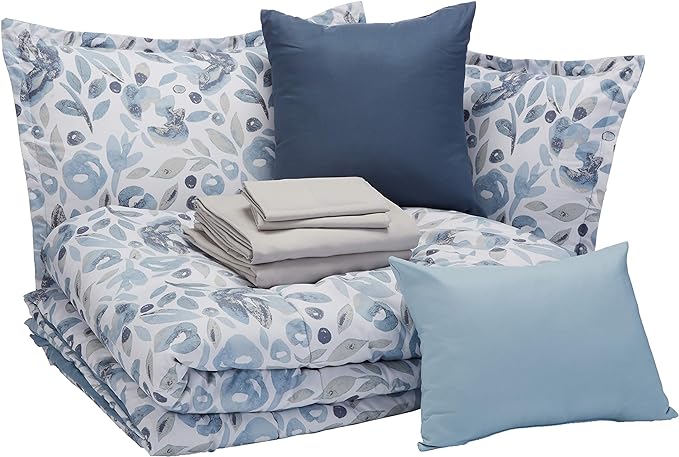 Amazon Basics 10-Piece Bed-in-a-Bag Comforter Set, Soft, Lightweight Microfiber, Queen, Blue Watercolor Floral, Machine Washable