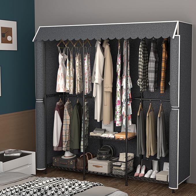 68 inch Heavy Duty Portable Closet Wardrobe Closet with Cover Large Storage Clothes Rack for Hanging Clothes Metal Armoire Wardrobe Closet Shelves Freestanding Clothing Racks for Bedroom Gray 660 LBS