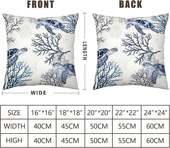 Coastal Outdoor Pillow Covers 16x16 Inch Set of 2 Nautical Beach Themed Ocean Coral Turtle Throw Pillows Summer Sea Life Blue Cotton Linen Cushion Cover for Bed Couch Sofa Living Room
