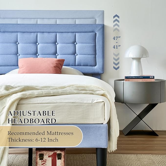 VECELO Twin Size Bed Frame with Adjustable Headboard, Upholstered Button Tufted Bedframe with Wood Slats Support, No Box Spring Needed, Light Blue