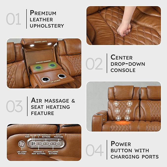 Lexicon Power Double Reclining Sofa, Center Drop-Down Table with Heat/Massage/Headrest/Storage Arms/Cup Holders/LED Lights/Wireless Charging, Top Grain Leather Match Wall Hugger Recliner Sofa, Brown