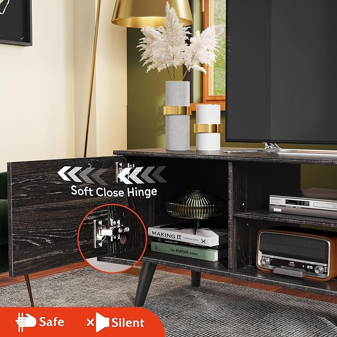 WLIVE Mid-Century Modern TV Stand for 55/60 Inch TV, Entertainment Center with Storage & Adjustable Shelves, Media Console with Soft-Close Cabinets for Living Room/Bedroom, Greige White