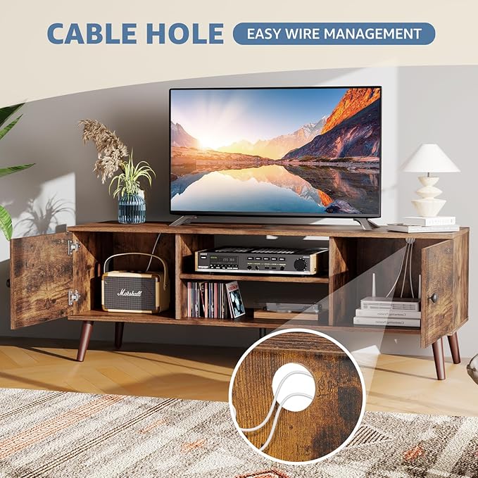 NEWBULIG Modern TV Stand for 55 60 inch TV, Mid Century Entertainment Center with Storage Cabinet and Open Shelves, Wooden Media Console Table for Living Room, Bedroom, Office Furniture, Rust Brown