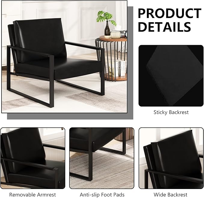 AWQM Leather Accent Chair Set of 2 Sofa Chair with Extra-Thick Padded Backrest and Seat Cushion Single Sofa for Living Room Bedroom, Black Metal Frame, 105 Degree Slant Back-Black（Set of 2）