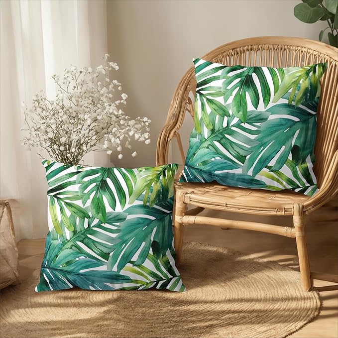 Green Tropical Leaves Outdoor Throw Pillow Covers Summer Palm Leaf Pillow Covers 24x24 Set of 2 Monstera Plant Pillow Cases Modern Farmhouse Cotton Linen Cushion Cover for Couch Sofa