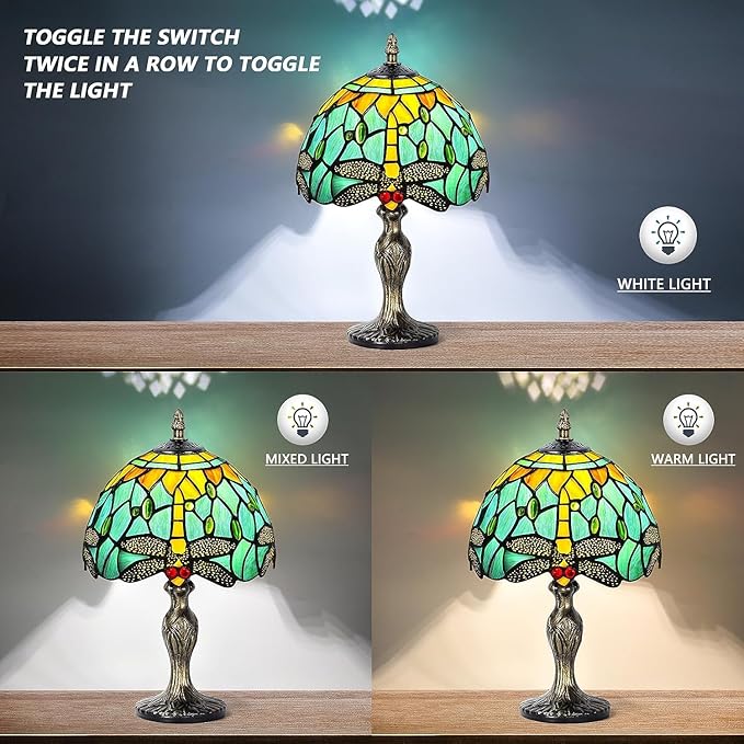 MIAOKE Stained Glass Table Lamp,Stained Glass Crystal Bead Style Table Light,Handmade Desk Bedside Night Light,Antique Art Craft Gifts Living Room Bedroom Bookcase(Water-Rippled Dragonfly)