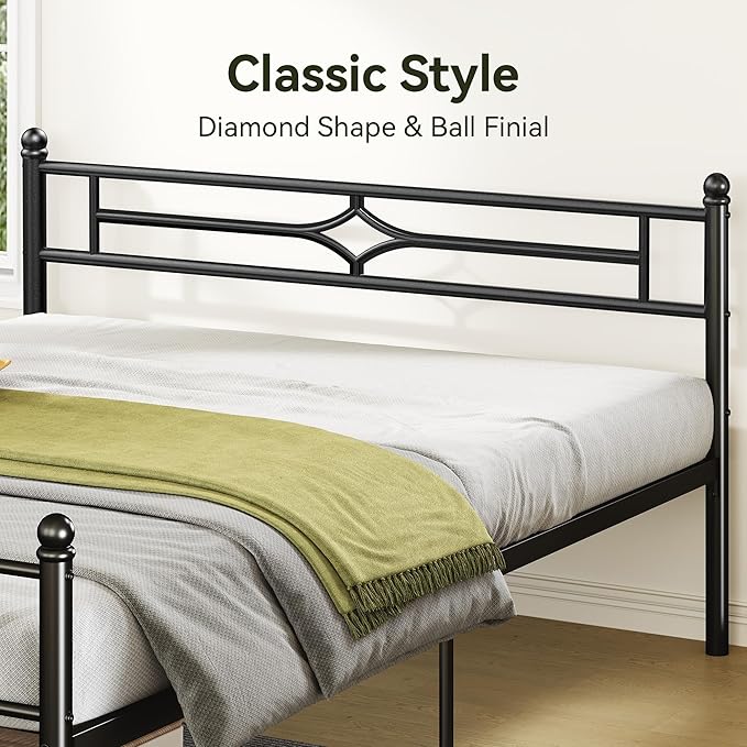 Full Size Metal Platform Bed Frame with Vintage Headboard and Footboard, Sturdy Queen Bed Frame, 12.5 Inch Under Bed Space, No Box Spring Needed, Easy to Assemble, Noise Free, Black