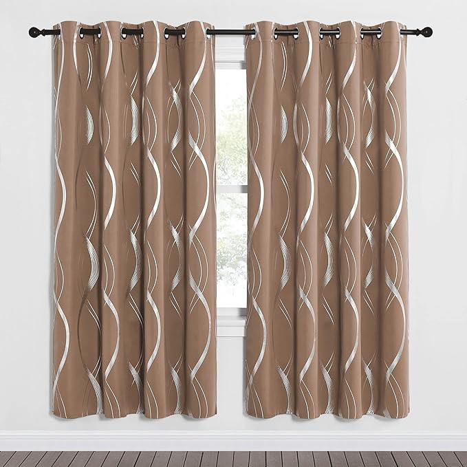 NICETOWN Blackout Curtains Panels for Bedroom - Microfiber Noise Reducing Thermal Insulated Wave Line Foil Print Design Drapes for Patio Sliding Glass Door (Cappuccino, 2 Panels, 52 x 72 Inch)