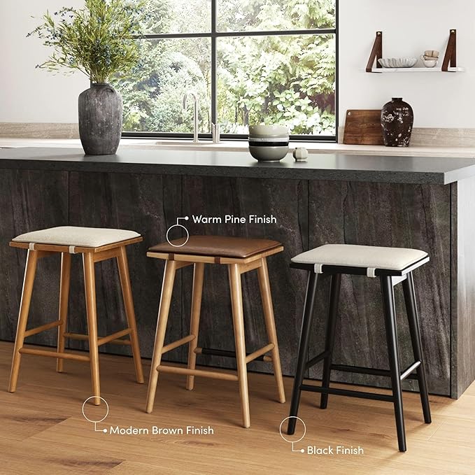 Nathan James Barker Classic Counter Height Wood Barstool with Leather Removable Cushion, Backless Island 24" Bar Stool for Kitchen, Chestnut Brown, Set of 4