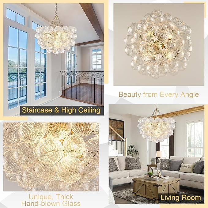 Dia 24" Bubble Chandelier, 5-Light Clear Hand Blown Glass Chandelier Gold Brass Chandeliers for Living Room Globe Ball Modern Chandeliers for Dining Room Foyer Bedroom Entry(G9 LED Bulb Base)