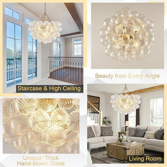 Dia 24" Bubble Chandelier, 5-Light Clear Hand Blown Glass Chandelier Gold Brass Chandeliers for Living Room Globe Ball Modern Chandeliers for Dining Room Foyer Bedroom Entry(G9 LED Bulb Base)