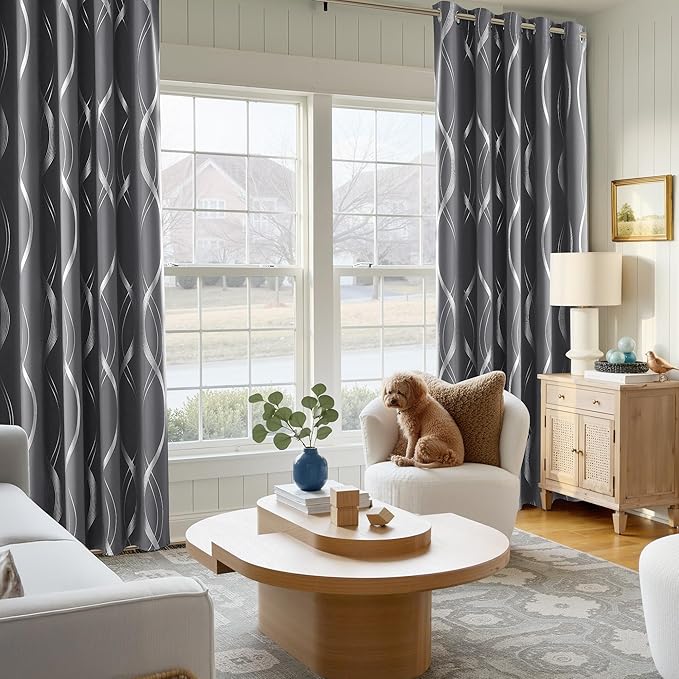 NICETOWN Grey Blackout Short Curtain for Apartments, W66 x L84, Noise Reducing Thermal Insulated Wave Line Foil Print Design Drapes for Living Room, 2 Panels