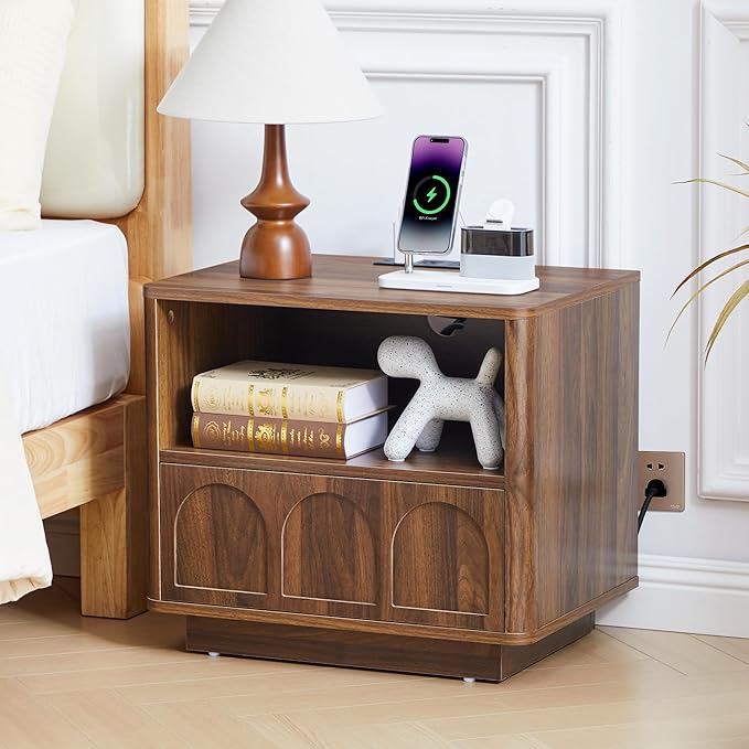 Small Nightstand with Charging Station, Accent Bedside Nightstand with Drawer, Mid Century Modern Bedroom Side Bed Table with Storage for Dorm, Living Room, Couch Sofa Chair, Office - Walnut