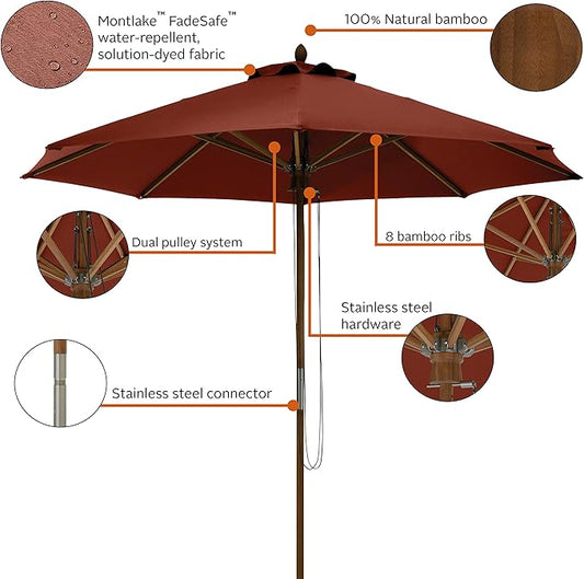 Classic Accessories Montlake™ Fadesafe™ 9' Round Bamboo Patio Umbrella, Heather Henna