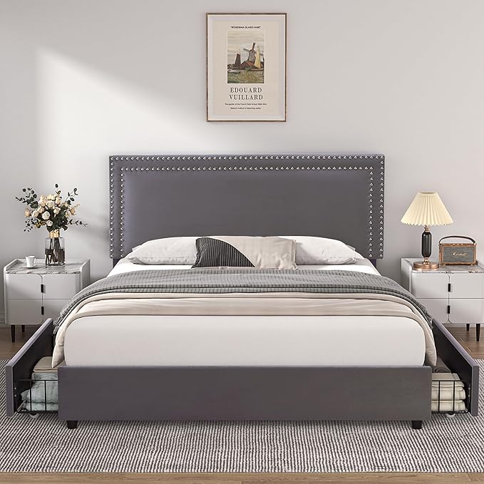 VECELO Full Size Upholstered Platform Bed Frame with 4 Storage Drawers, Adjustable Velvet Rivets Headboard, Wooden Slats Support, No Box Spring Needed, Easy Assembly