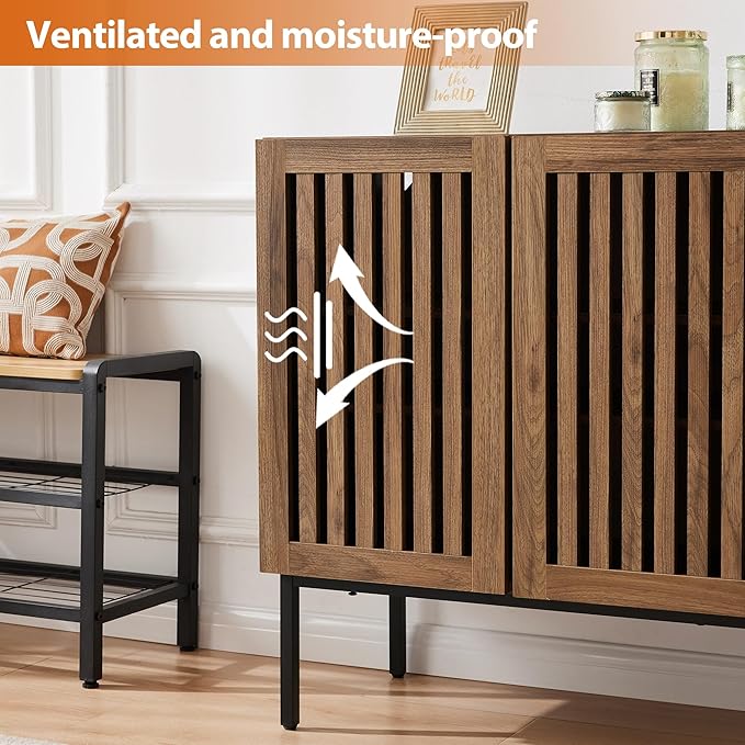 Mericonia Buffet Cabinet with Storage, Sideboards 2 Doors with Metal Base and Adjustable Shelf for Kitchen, Coffee Bar, Entryway, Hallway,Living Room (2 Door Buffet Cabinet, Grille-Walnut 2.0)