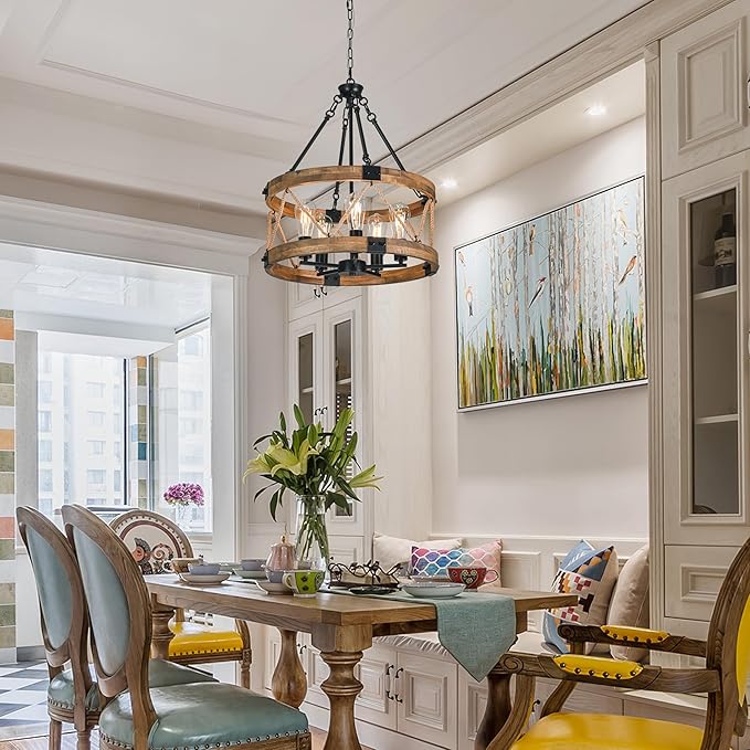 Farmhouse Chandeliers for Dining Room, 19.7” Rustic Chandelier, Round Hanging Light,5-Light Chandelier, Wood Chandelier Modern Chandelierr for Kitchen Living Room Foyer Entryway