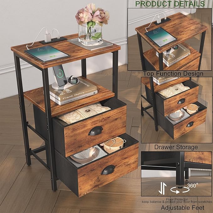 Nightstand with Charging Station, Night Stand with 2 Fabric Drawers, Bedside Table End Table with LED Light, 3-Tier Storage Side Table Nightstand with Drawers for Bedroom,Rustic Brown