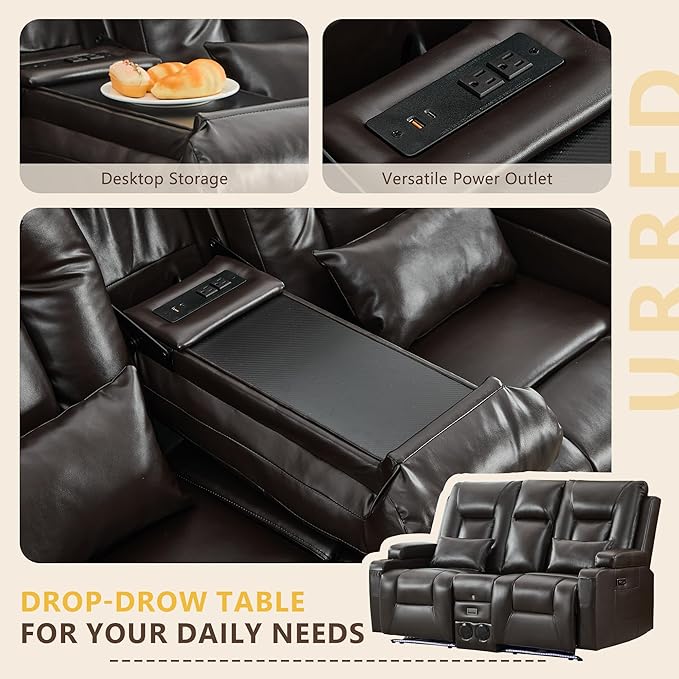 URRED Power Loveseat Recliner Sofa with Console, Wall Hugger Reclining Loveseat RV Couch with LED Light, 150° Zero Gravity Recliners Modular Couches for Living Room (Glossy Brown, 68.1'' - 2 Seats)