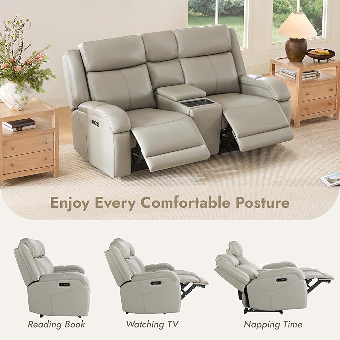 Watson & Whitely Power Reclining Sofa and Loveseat Sets, Genuine Leather Sofa Recliner Couch Set with Power Headrest, Storage Console, USB Ports, Cup Holders, Living Room Furniture Set, Grey