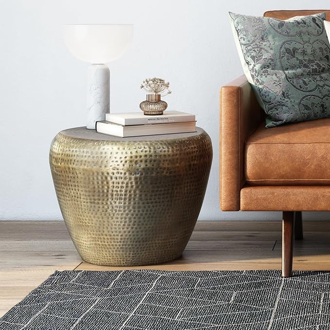 SIMPLIHOME Preston Metal Table - 22 inch Wide Solid Metal Round Side Table in Antique Gold, Modern Industrial Accent Table for Living Room or Bedroom with Textured Finish, Assembled