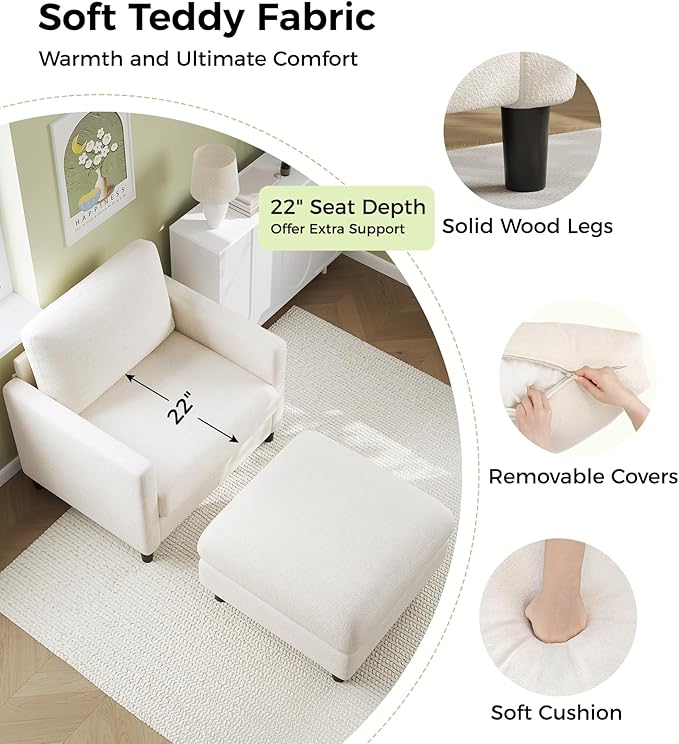 Welzona Sofa Accent Chair with Ottoman, 33" Reading Chair and Ottoman Set for Bedroom, Tool-Free Setup Living Room Accent Chairs, Comfy Arm Chairs Living Room, All-Wood Reading Nook, Beige
