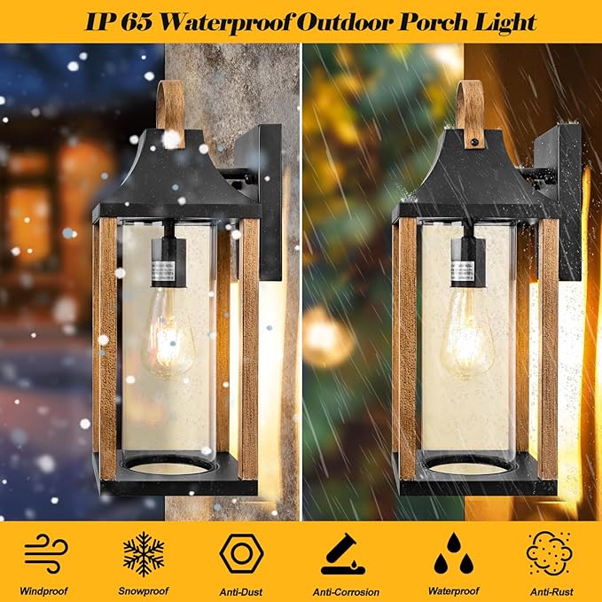 Large Outdoor Wall Light 17" H Light Fixture with Cylindrical Clear Glass Modern Wall Sconce for Patio Porch Courtyard, E26 Base IP65 Waterproof, Rustic Wood