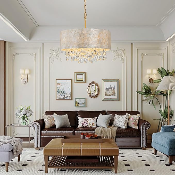 4-Light Drum Capiz Shell Crystal Chandeliers, Coastal Style Pendant Light Fixture for Dining Room, Living Room, D18 x 21~68"(Adjustable), Shell Lampshade & Gold Finish
